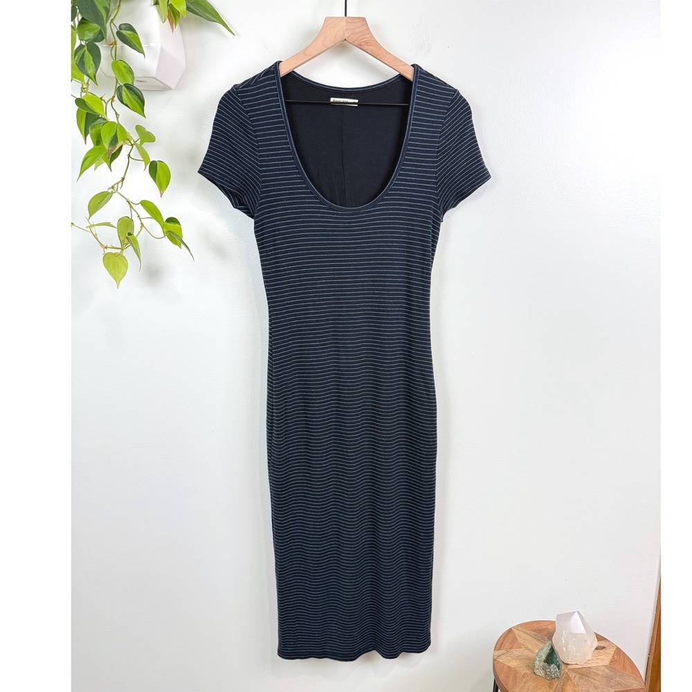 Marine Layer Navy Blue Striped Scoop Neck Midi Fitted Dress M Coastal Casual